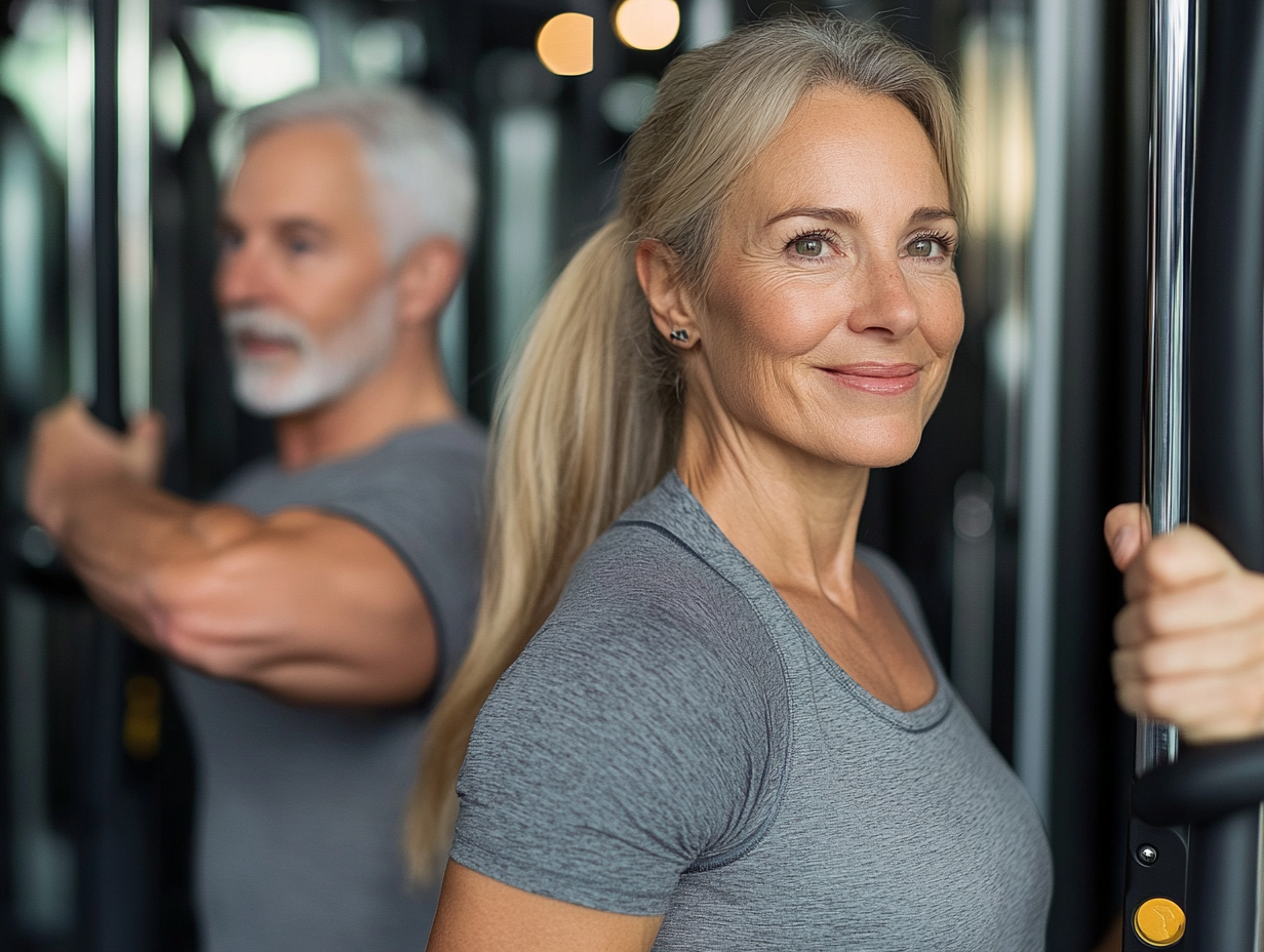 Тренер допомагає клієнту старшого віку виконувати вправи